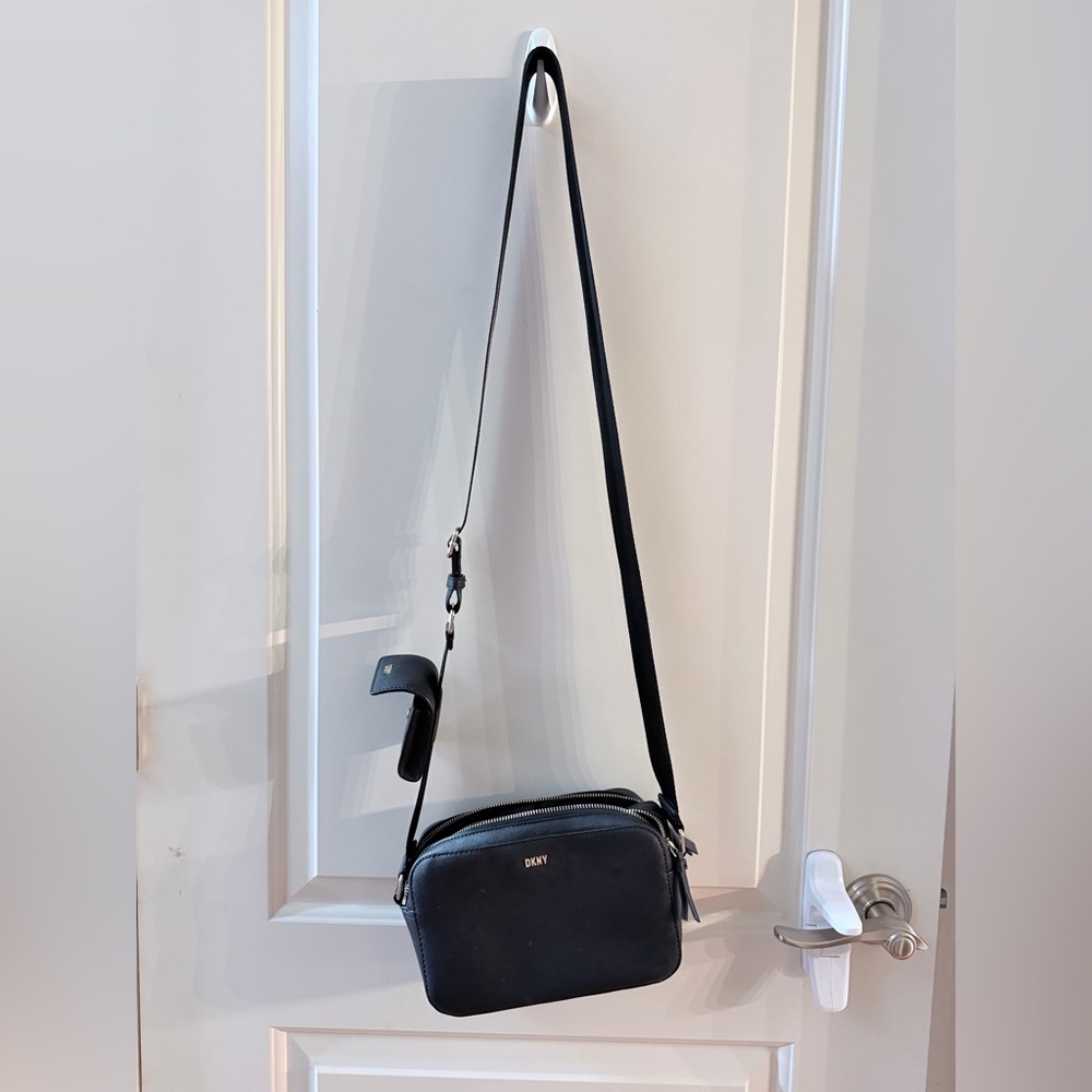 DKNY Black Leather Crossbody Bag with Gold Logo